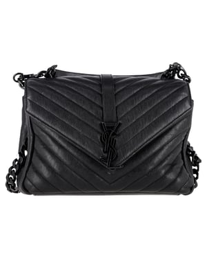 Saint Laurent Chevron Stepptasche, mittelgroß, College-Henkeltasche aus schwarzem Leder