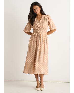 Gini London Oatmeal Spot Print gerafftes Midikleid mit taillierter Passform - Beige