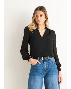Schwarze Dobby Chiffon Bluse mit Rüschenausschnitt