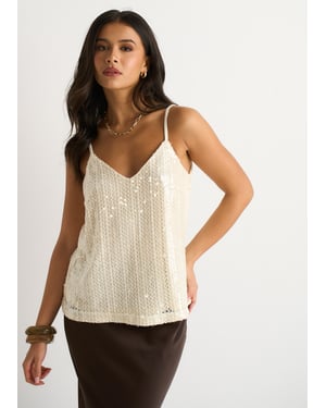 Cremefarbenes Pailletten-Cami-Top mit V-Ausschnitt