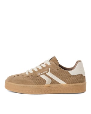 Tamaris Damen-Sneaker aus taupefarbenem Leder mit weißen Streifen