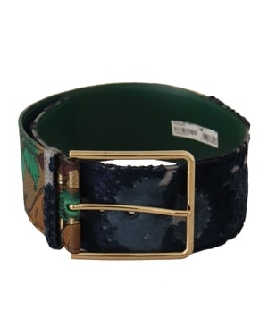 Dolce & Gabbana Grüner Jacquard Bestickter Leder Gürtel mit Goldmetall