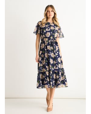 Gini London Midikleid mit floralem Print, tailliertem Oberteil und ausgestelltem Rock - Marineblau