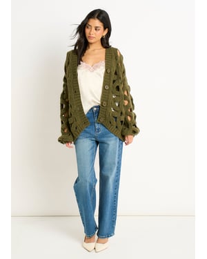 Khakifarbene Strickjacke mit Hohlkehle