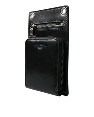 Dolce & Gabbana Geldbörse Schwarzes Pferdeleder Reißverschluss Logo Crossbody mit Handyfach