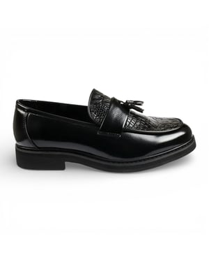 Schwarze Herren-Loafer aus Kunstleder mit Quasten und Profilsohle