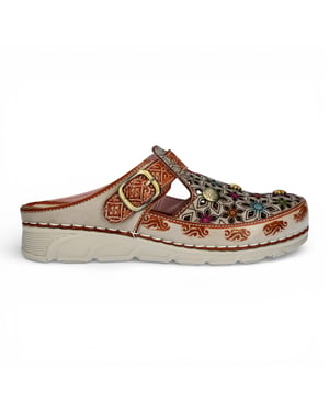 Laura Vita Damen-Sandalen Dorry 01 mit floralem Muster, beigefarbenem Leder und Keilabsatz