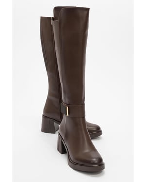 Moreni Elastischer Stiefel mit Schnalle, Blockabsatz & kniehohem Schaft