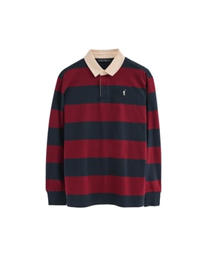 Poloshirt marineblau und granatrot gestreift mit langen Ärmeln und gesticktem Rigby Go-Logo