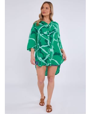 Grünes Mini-Hemdkleid mit abstraktem Leinenmuster