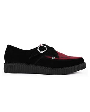 TUK Pointed Creeper Plateau-Schuhe aus schwarzem und burgunderfarbenem Wildleder mit Monk-Schnalle - A9592