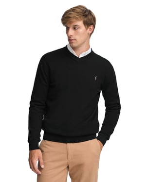 Pullover schwarz aus Wollgemisch mit V-Ausschnitt und gesticktem Rigby Go-Logo