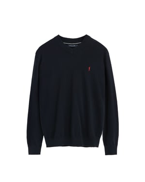 Pullover marineblau aus Wollgemisch mit V-Ausschnitt und gesticktem Rigby Go-Logo