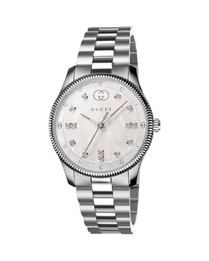 Gucci YA1265064 G-Timeless Damenarmbanduhr 29 mm Perlmuttzifferblatt mit Diamantakzenten