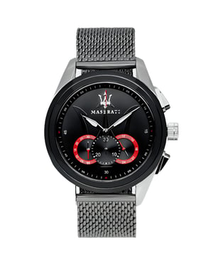 Maserati Traguardo Herren-Chronographenuhr mit schwarzem Zifferblatt und silbernem Mesh-Armband