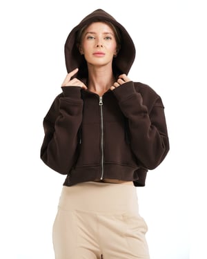 JUSTEVER Crop-Hoodie mit Reißverschluss, Kängurutasche und erhöhtem Schnitt, Farbe: Bitter Coffee, Damen-Sweatshirt - Lumen