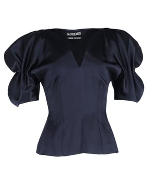 Jacquemus Bluse mit Puffärmeln und V-Ausschnitt aus marineblauem Satin