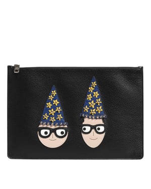Dolce & Gabbana Schwarze Leder #DGFAMILY Verziertes Herren Clutch Pouch Bag