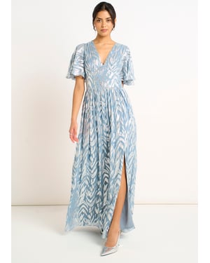 Blaues Metallic-Folien-Print Maxikleid mit kurzen Ärmeln