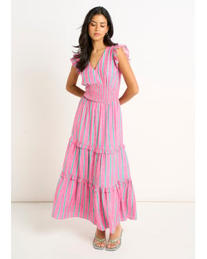 Rosa Sommerstreifen Maxikleid mit geraffter Taille