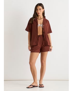 Schokolade Leinen Mix Oversized Hemd mit Knopfleiste