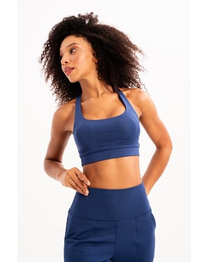 JUSTEVER Leicht stützender, herausnehmbarer, marineblauer Sport-BH für Damen mit Rückendetail - Surge
