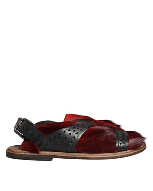 Dolce & Gabbana Schwarze Rote Gazelle Haarleder Sandalen Schuhe