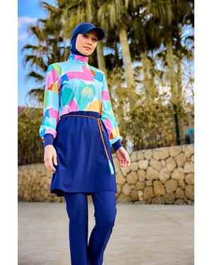Marineblaues Burkini-Set mit vollständiger Abdeckung für islamische Badebekleidung
