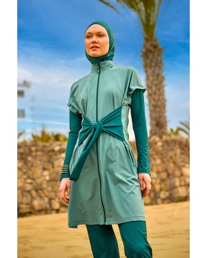 Olive Modest Burkini-Set – Badebekleidung mit hohem Kragen und voller Abdeckung