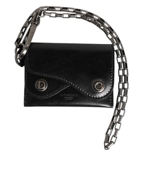 Dolce & Gabbana Schwarze Cavallo Leder Geldbörse Kette Snap Bifold Kartenhalter