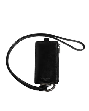 Dolce & Gabbana Lanyard-Kartenhalter-Wallet aus schwarzem Leder mit Logo-Prägung