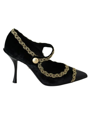 Dolce & Gabbana Schwarze Verzierte Samt Mary Jane Pumps Schuhe