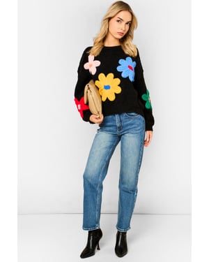 Schwarzer, gehäkelter 3D-Blumenpullover