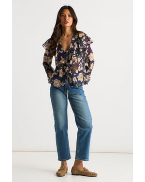 Marineblaue Bluse mit Blumenmuster und Rüschen vorne