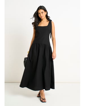 Gini London Midikleid aus Leinenmix mit tief sitzender Taille - Schwarz