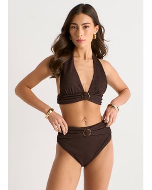 Braunes, strukturiertes Bikini-Oberteil im Neckholder-Stil mit Ringverzierung