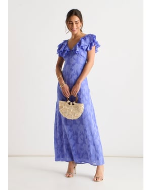 Blaues Maxikleid aus Satin-Jacquard mit Rüschen