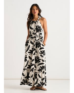 Gini London Einfarbiges Trapezkleid aus Leinenmischung mit Gürtel - Schwarz/Weiß