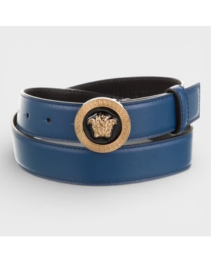 Versace Medusa Leder-Gürtel, Marineblau und Schwarz