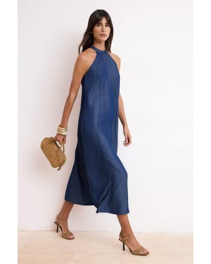 Damen Blaues, flaches, ärmelloses Maxi-Skaterkleid