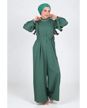 Perlen Detailed Jumpsuit-Kleid Smaragdgrün