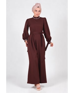Perlen Detailed Jumpsuit-Kleid Braun