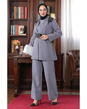 Spitzen Detailed Jumpsuit Set Grau