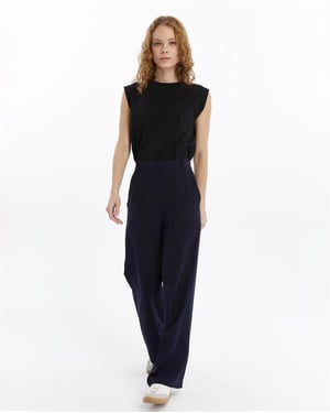 Damen Doppelt Krepp Grasnaht Detailed Mit Taschen Palazzo-Hose Marineblau