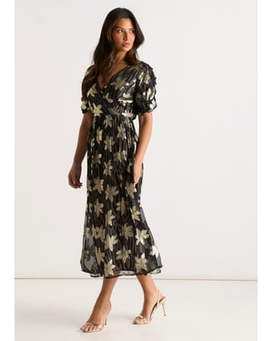 Schwarzes Wickelkleid mit Blumenmuster und Lurex-Akzenten