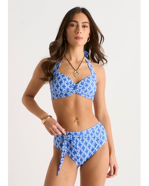 Bikini-Oberteil mit blauem Kettenmuster und gedrehter Vorderseite