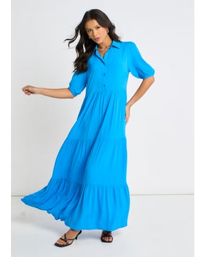 Gini London Maxikleid im Skater-Stil mit durchgehender Knopfleiste - Blau