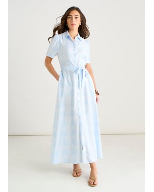 Gini London Maxikleid aus Baumwollmischung mit Fliesenmuster und durchgehender Knopfleiste - Blau
