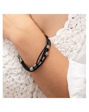 Zeeme Stainless Steel Armband Leder schwarz mit Stahlkugeln 19,5+2cm lang