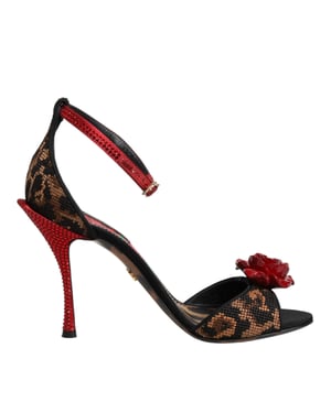 Dolce & Gabbana Braune Leoparden-Kristall-Rosen-Sandalen Schuhe